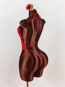Amplova Traje de baño de una pieza de unicolor sin espalda para mujer, color rojo, adecuado para festivales de música, con tirantes de espagueti anudados, sexy y vanguardista, adecuado para vacaciones en la playa, brillante - Rojo - Ver 2