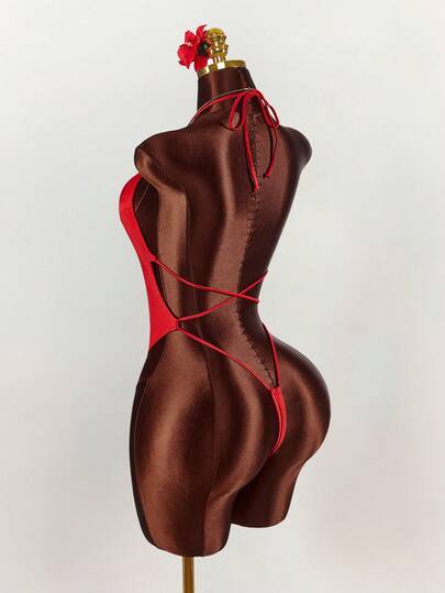 Amplova Sırtı Açık, Düz Renk, Tek Parça Kadın Mayo, Kırmızı, Müzik Festivalleri İçin Uygun, Bağcıklı İnce Askılı, Seksi ve Avangard, Plaj Tatili İçin Uygun, Parlak