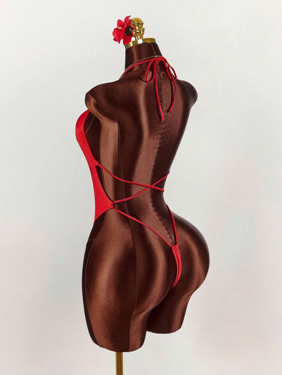 Amplova Traje de baño de una pieza de unicolor sin espalda para mujer, color rojo, adecuado para festivales de música, con tirantes de espagueti anudados, sexy y vanguardista, adecuado para vacaciones en la playa, brillante