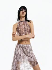 Airlisse Lace Print Leopard Hollow Sheer High Neck Cropped Tank Top & Asymmetric Hem Skirt Set, Women Design  Leopard Print Two Piece Set Y2K - Multicolor - View 8