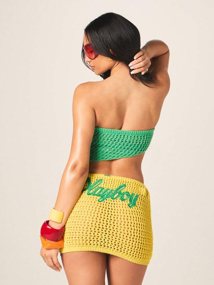 Missguided x Playboy Women's Crochet Bandeau Color Block Cut Out Mini Dress Summer Beach Party Outfit