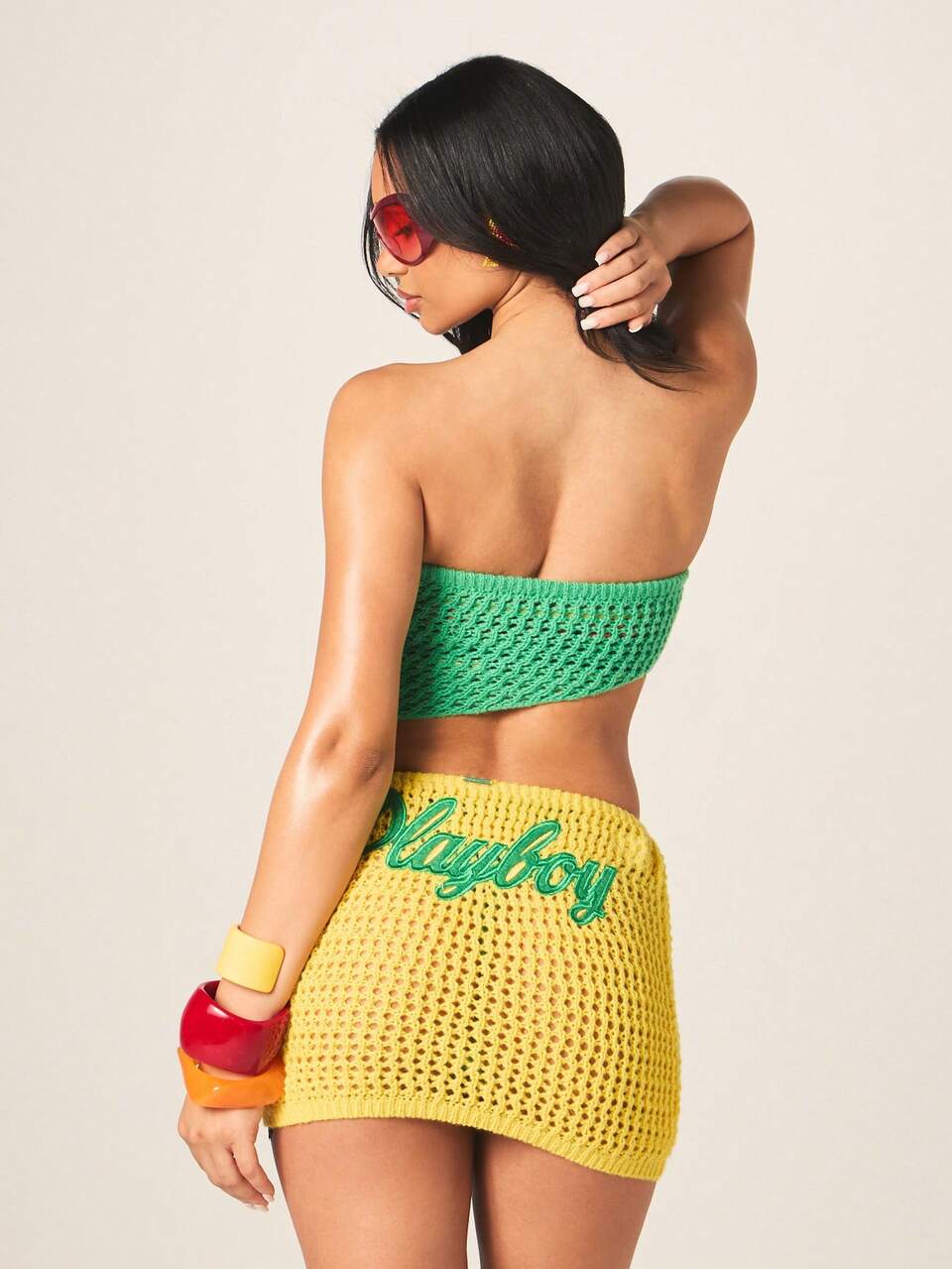 Missguided x Playboy Women's Crochet Bandeau Color Block Cut Out Mini Dress Summer Beach Party Outfit