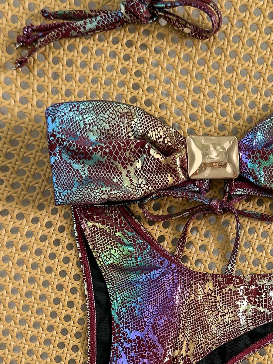 Swim Vcay Bộ bikini quây 2 mảnh phối màu gradient ánh kim, họa tiết da báo, chất liệu vải dệt thô, gợi cảm, thích hợp cho nữ mùa hè đi biển. - Nhiều màu - Xem 1
