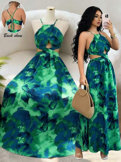 SHEIN Elenzya Robe mi-longue femme à bretelles fines, dos ajouré avec nœud à la taille, coupe évasée. Style plage, île, charmant, élégant, décontracté, bureau, sexy, mode, rendez-vous, style français de rue, rétro, polyvalent, printemps été. Disponible en plusieurs couleurs.