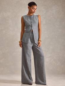 RueChic Women Two Pieces Button Detailed Vest And Wide Leg Pant Sets - Grey - View 7