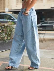 Denimoi 拼接筒状裤腿牛仔裤，时尚街头风筒状牛仔裤，It Girl必备单品 - 淺色水洗藍 - 查看 4