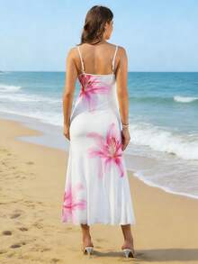 SHEIN Đầm slip họa tiết hoa, kiểu dáng thường ngày, thích hợp cho kỳ nghỉ đi biển, dành cho phụ nữ mang thai. - trắng - Xem 3