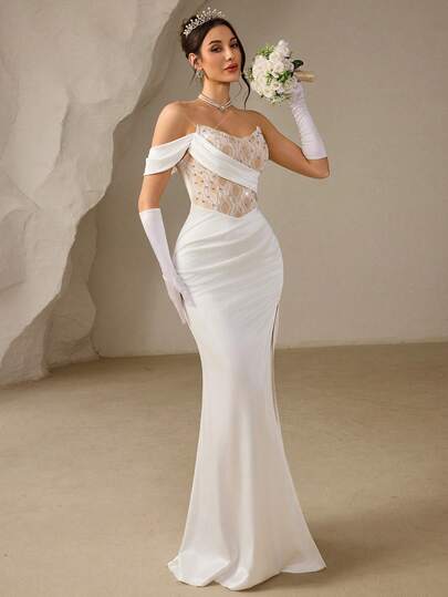 Coutiva Women's Elegant Fitted Pleated Formal Evening Gown (Heavily Embellished)