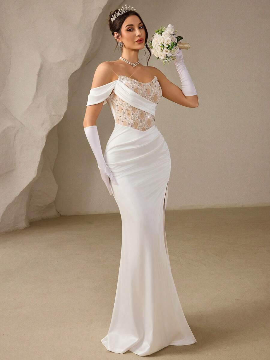 Coutiva 女士优雅修身褶裥正式晚礼服（缀饰繁复） - 白色 - 查看 1