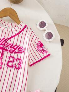 SHEIN Babygirl Casual Sports Cute Letter & Stripe Short Sleeve Loose Top - Hot Pink - View 5