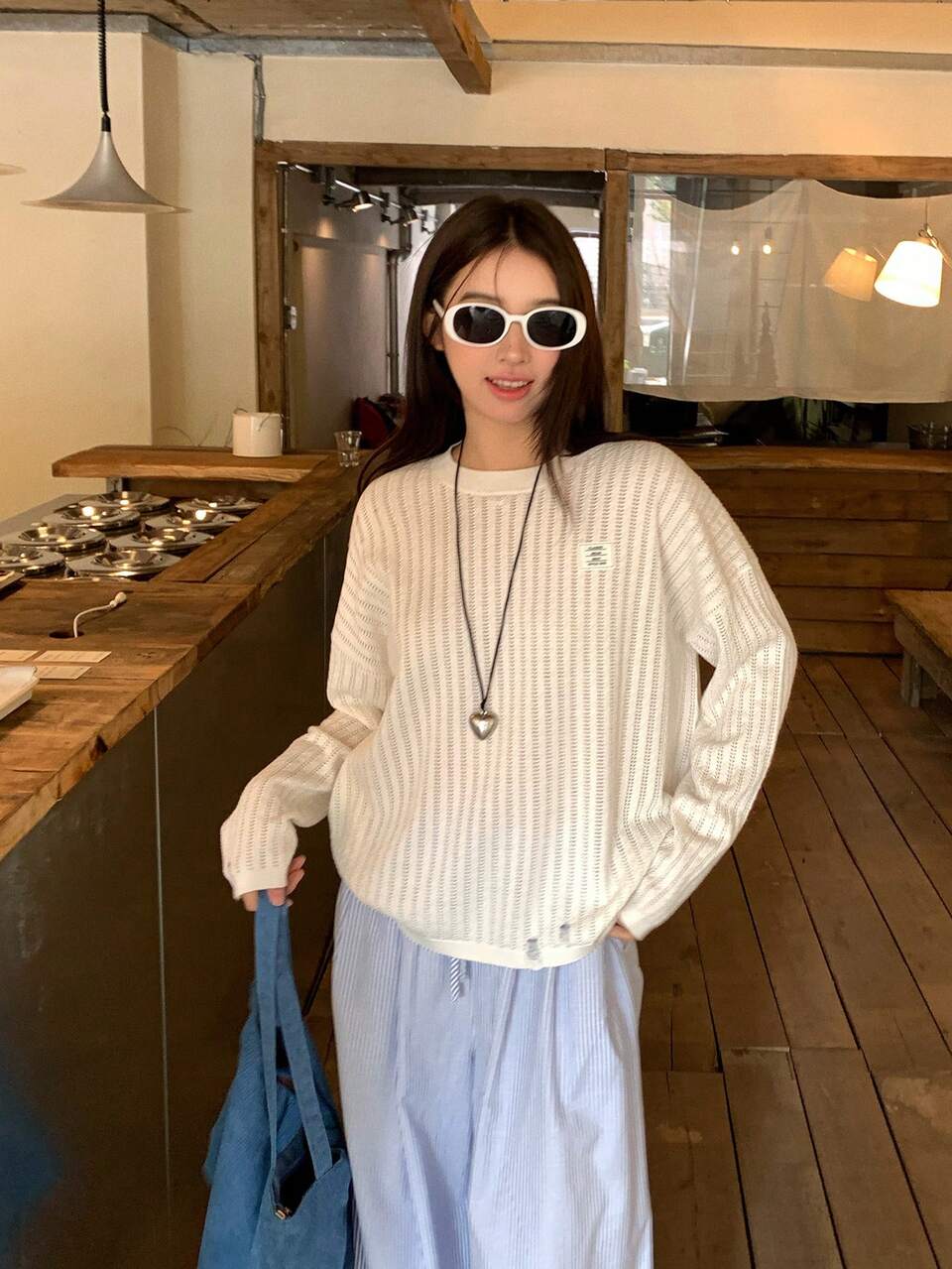 Women's Round Neck Sheer Long Sleeve Knit Top, Spring/Summer