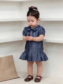 Dazy Kids Áo không tay cổ bẻ bằng vải denim mài cho bé gái kiểu Hàn Quốc - Màu xanh lam - Xem 10