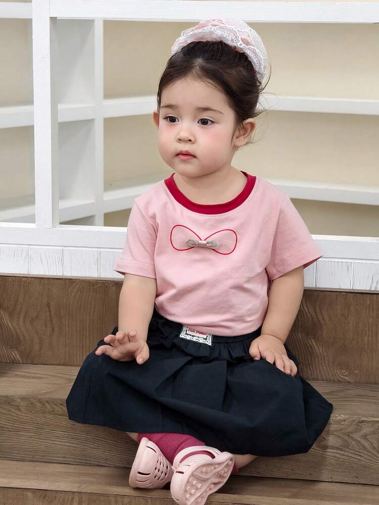 Baby Girl Summer Casual Bow Decor T-Shirt And Pleated Skirt Set Toddler Girls Clothes