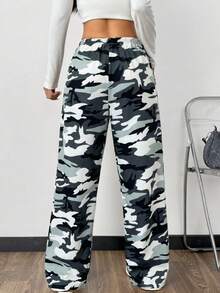 SHEIN EZwear Women's Knit Casual Camo Print Wide Leg Pants - Black and White - View 2