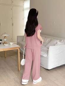 SHEIN 少女撞色针织纯色拼接缎带落肩短袖T恤和裤子两件套休闲套装，返校季/情人节/夏季 - 粉色 - 查看 4