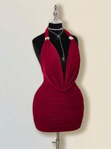 SHEIN ICON Đầm ngắn gợi cảm cổ chữ V khoét sâu, lưng hở, đính kim loại, dành cho nữ, thanh lịch cho buổi tối đi chơi hoặc kỳ nghỉ hè. - Đỏ - Xem 5