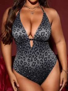 Swim SXY Plus Size Friendly Gray Leopard Print Halter One-Piece Swimsuit: Deep V Hollow-Out Design, Sexy Retro Beach Showstopper - Multicolor - View 1