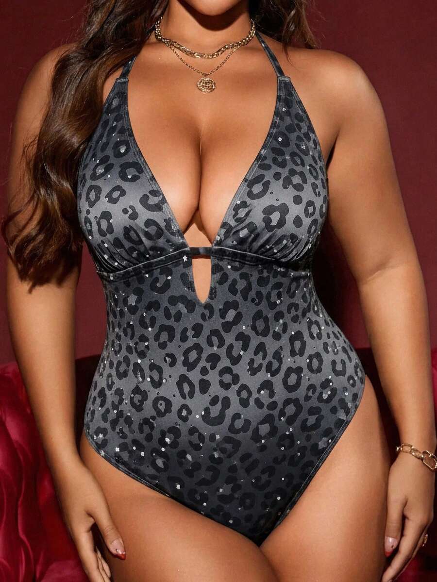 Swim SXY Plus Size Friendly Gray Leopard Print Halter One-Piece Swimsuit: Deep V Hollow-Out Design, Sexy Retro Beach Showstopper - Multicolor - View 1
