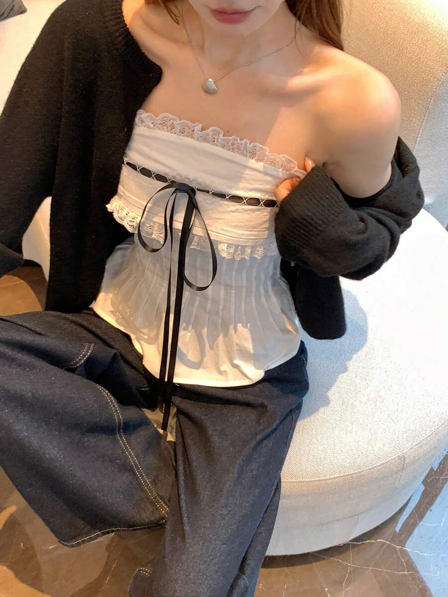 DAZY 女士蕾丝拼接无肩带吊带衫 - 白色 - 查看 1