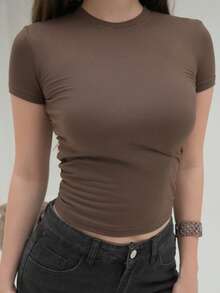 Duda Rubert 1 buah Kaos Wanita Polos Kerah Bulat Lengan Pendek Pas Badan, Sederhana & Modis, Cocok untuk Musim Panas - Coffee Brown - View 6