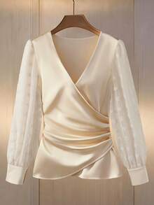 Franclia 女士缎面交叉腰带薄纱袖衬衫 - 杏色 - 查看 1