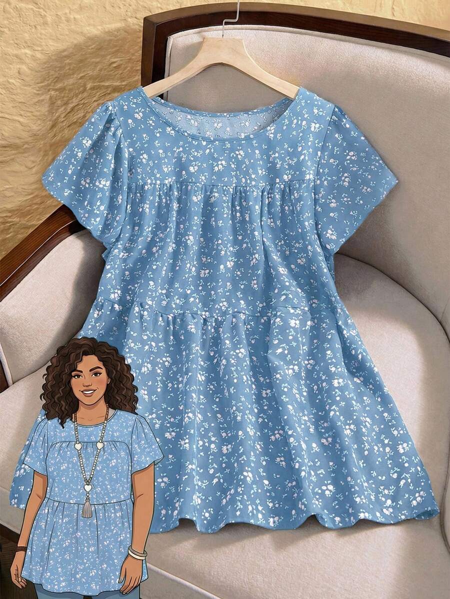 EMERY ROSE Plus Size Women Summer Casual Vacation Ditsy Floral Short Sleeve Babydoll Top - Blue - View 1