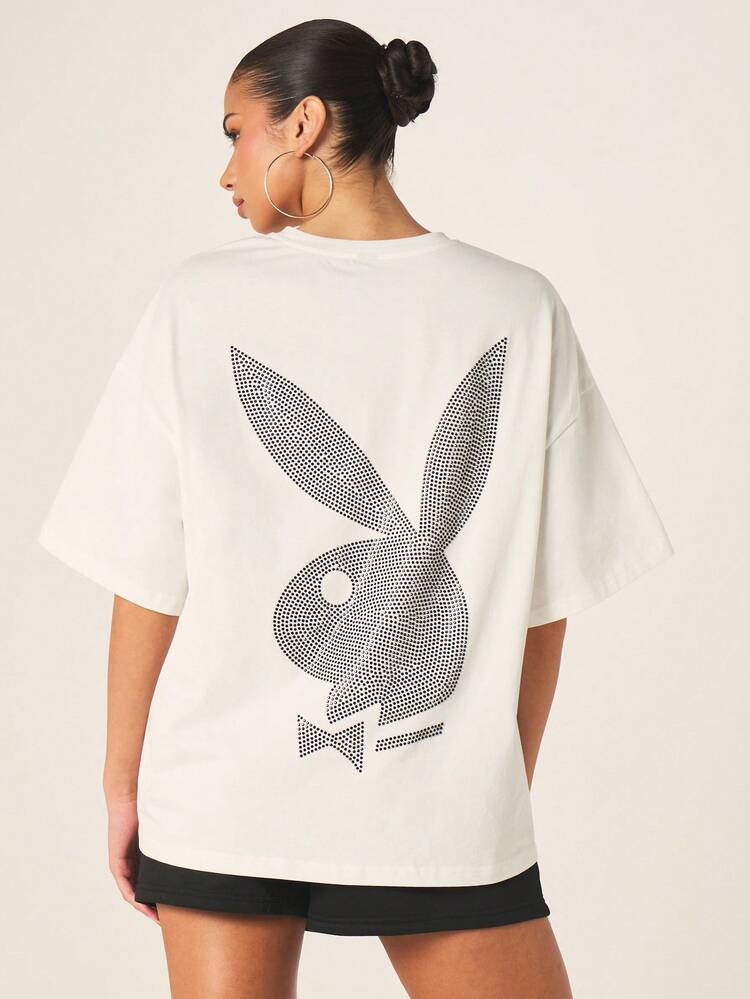 Missguided x Playboy Women's Oversized Graphic Tee With Rhinestone Bunny Logo Back Print Short Sleeve Crew Neck Cotton Casual Summer Top