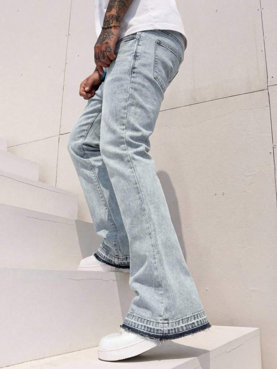 Manfinity LEGND Men's American Casual Gentleman Micro-Flare Design Washed Gray Denim Jeans - Grey - View 1