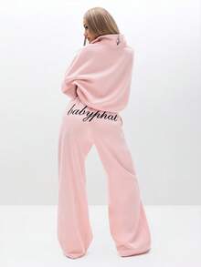 BABYPHAT Women's Plus Size Jersey Sweatpants With Script Print And Drawstring Waist For Casual Comfort - Pink - View 5