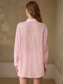 MOTF PREMIUM CAMISA DE LINO 100% PARA MUJER DE MANGA LARGA, CASUAL, PARA CITAS, PARA IR AL TRABAJO, ROSA - Rosa - Ver 3