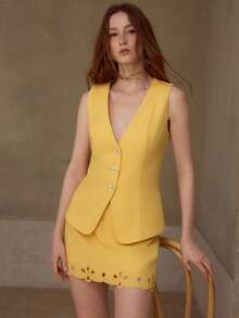 MOTF PREMIUM WOMEN'S LINEN BLEND EMBROIDERED CASUAL/DATE SHORT SKIRT, SPRING/SUMMER - Yellow - View 6