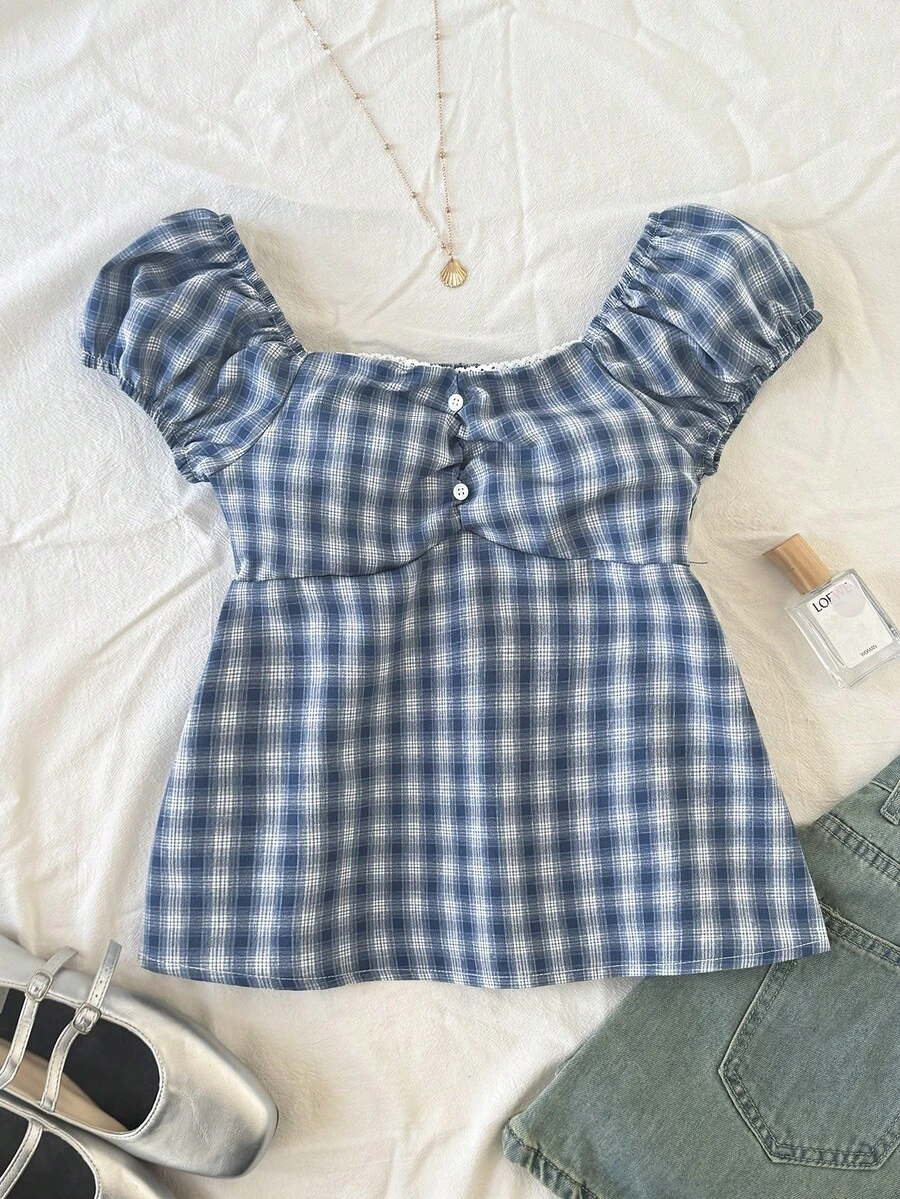 SHEIN Áo sơ mi tay ngắn dáng lửng cổ bẻ, thắt eo, phong cách thường ngày dành cho bé gái tuổi teen. - Màu xanh lam - Xem 1