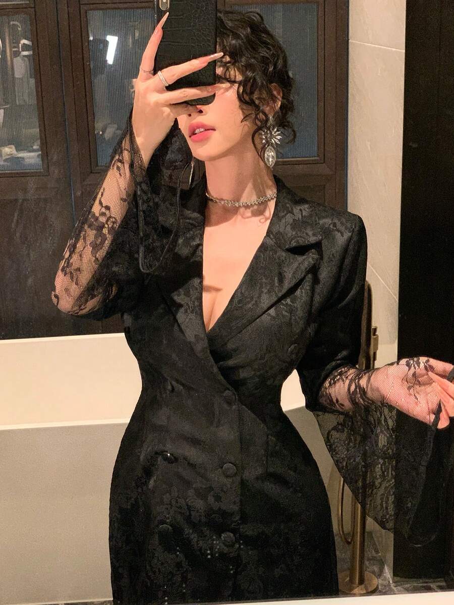 DAZY 女士花卉提花翻领双排扣撞色蕾丝喇叭袖优雅连衣裙 - 黑色 - 查看 1