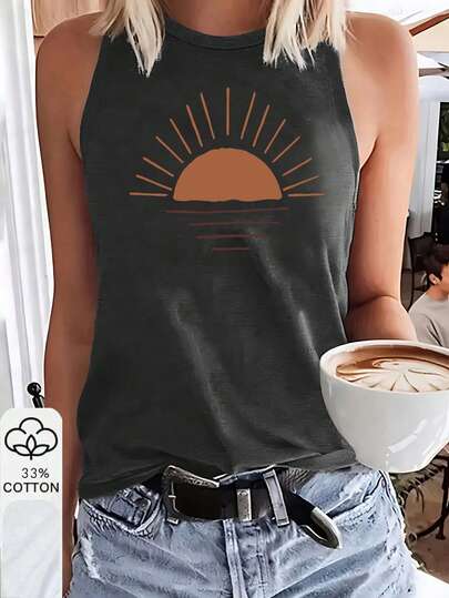 EMERY ROSE Camiseta de tirantes de cuello redondo casual con estampado de dibujo de línea simple de amanecer, camiseta gráfica para mujer