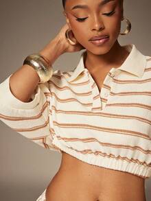 Denimoi Cropped Collared Knit Top Vacation Outfits Cropped Polo Shirt - Beige - View 4