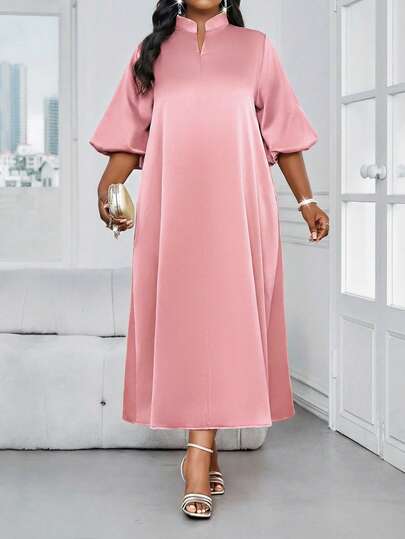 SHEIN Lady Plus Size Spring And Summer Elegant Modest Party Wedding Cocktail Party Concert/Music Festival Pink Woven Satin Stand Collar Ball Gown Frill A Line Dress Tunic Dress Long Short Sleeve Plus Size Dresses Birthday&Event Dresses Wedding Dresses Summer Outfits For Women Summer Dresses For Women Wedding Guest Dress Women Birthday Outfits For Women Birthday Outfit Women Concert Outfit Women Cruise Outfits Women Pink Plus Size Dress Plus Size Midi Dress Pink Maxi Dress Plus Size Kaftan Dress Maweii Plus Size Dress