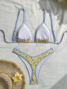 Swim Mod Strawberry Print Spaghetti Strap Triangle Cup High Cut Bottoms Bikini Set, Sweet Beach Vacation - Multicolor - View 4