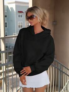 Sydney Algeri 女式休闲简约印花连帽长袖宽松厚款运动衫，春秋季 - 黑色 - 查看 4