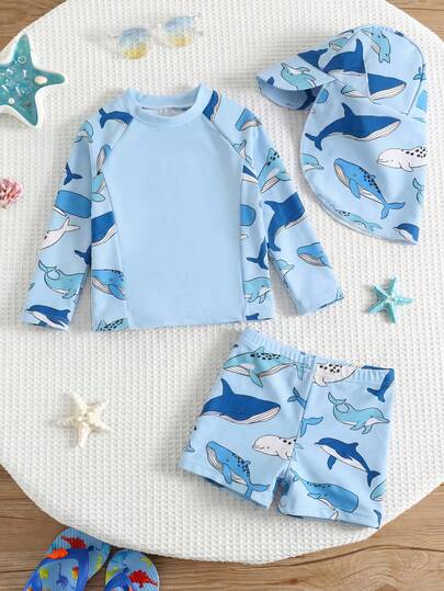 SHEIN 3pcs/Set Baby Boy/Girl Casual Summer Vacation Coconut Tree Print Long Sleeve Shorts & Sun Hat Swimwear Set, Suitable For Spring/Summer Wear, Home, Outing, Travel, Beach, Pool, Party