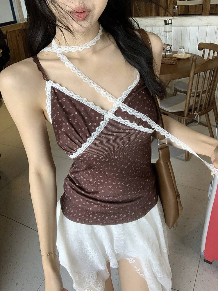 Women's Floral Print Lace Trim Camisole Tank Top, Korean Style Summer