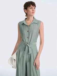 Aalyst Fashionable Mint Green Lapel Sleeveless Loose Jumpsuit With Wooden Buttons, Suitable For Daily Wear, Weddings, Galas, Commuting, Graduation Parties, Holidays, Vacations, Dates, Parties, Halloween, Christmas, New Year, Thanksgiving, Weddings - Mint Green - View 5