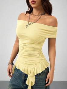 Coolane 女士休闲音乐节露肩网纱荷叶边不对称下摆上衣 - 淡黃色 - 查看 5