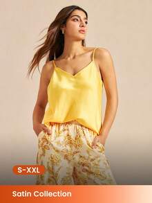 LUVLETTE Conjunto de pijama de satén amarillo y dorado con diseño sexy sin espalda - Top de tirantes finos y pantalones anchos de pierna ancha con estampado floral, ropa de estar por casa para todas las estaciones - Amarillo - Ver 1