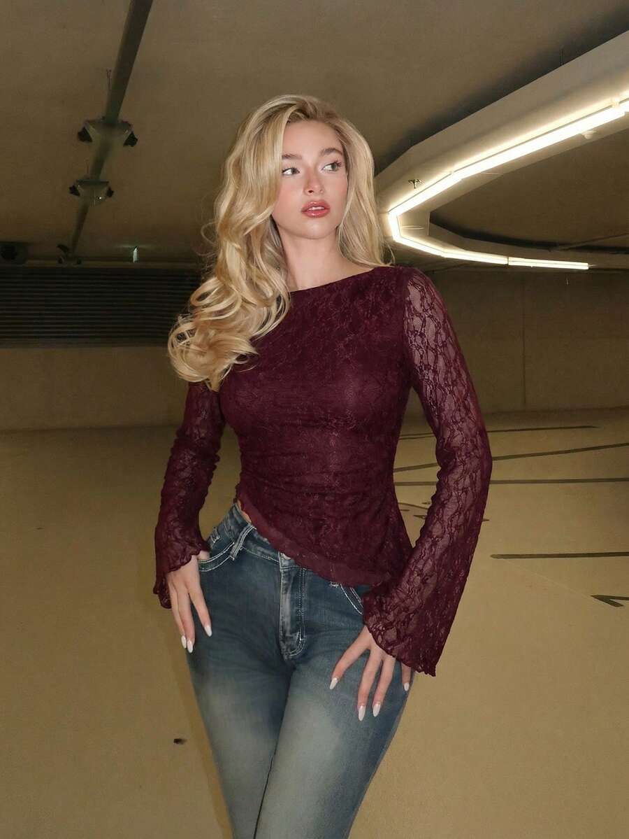 Turnttoni 女款優雅通勤純色蕾絲不對稱下擺T恤,蕾絲長袖上衣,辦公室女妖風 - 中紫紅色 - 查看 1