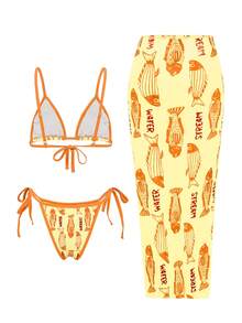 Bonvoyette 3 Stück/Set Damen bescheidener Strandoutfit, verstellbare Träger Top & Bindeseiten Hose, zufälliger Ozean Tier Muster, Badeanzug & Rock Bikini Set Damen Urlaubsoutfit Sets Pool Outfits für Frauen Damen Strandoutfits mit gelben Meereselementen Muscheln Seesterne Festival Outfits für Frauen Party Outfit, Strandoutfits Hochzeitsgast Kleid für Frauen Elegante Kleider für Frauen - Verschiedenfarbig - Übersicht 3