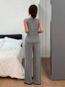 SHEIN Sleeveless V-Neck Cardigan Lace Trim Women Pajama Set - Grey - View 2