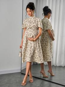 Momance Maternity Ruffle Sleeve Tie-Front Open Back Ditsy Floral Dress - Multicolor - View 8