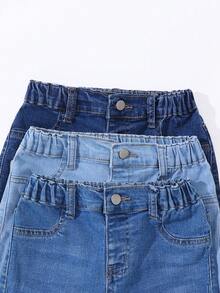 3pcs/Set Young Boy Elastic Waist Washed Blue Denim Shorts, School, Campus, College Summer Holiday - Multicolor - View 5