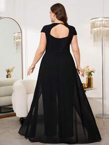 SHEIN Clasi 大码女式优雅简约纯色V领蝙蝠袖露背阔腿连体裤，不含腰带，春夏款 - 黑色 - 查看 2