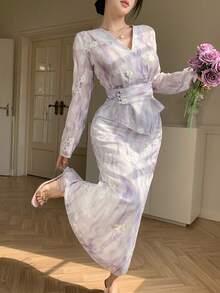 DAZY Conjunto de 2 piezas de falda recta plisada asimétrica con cuello en V floral elegante para mujer, primavera/verano - Azul - Ver 7